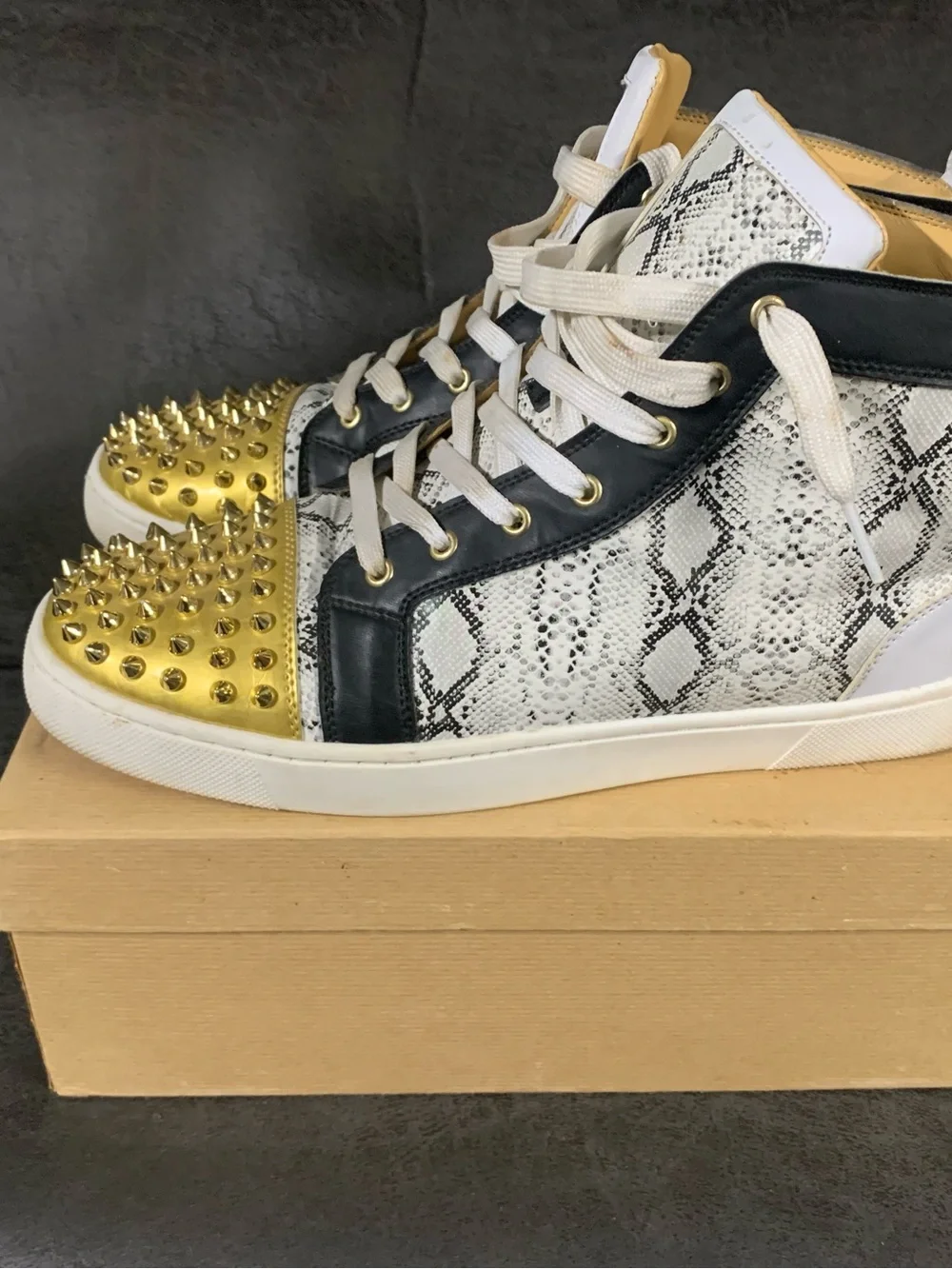 Christian Louboutin Snake-Print High-Top Sneakers with Gold Spike Toe